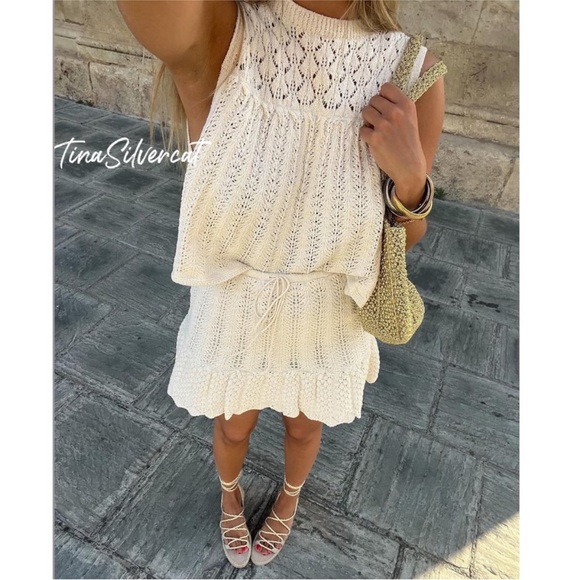 Zara cream ivory mini skirt knit crochet material, Ruffle hem, drawstring waist - Picture 8 of 12